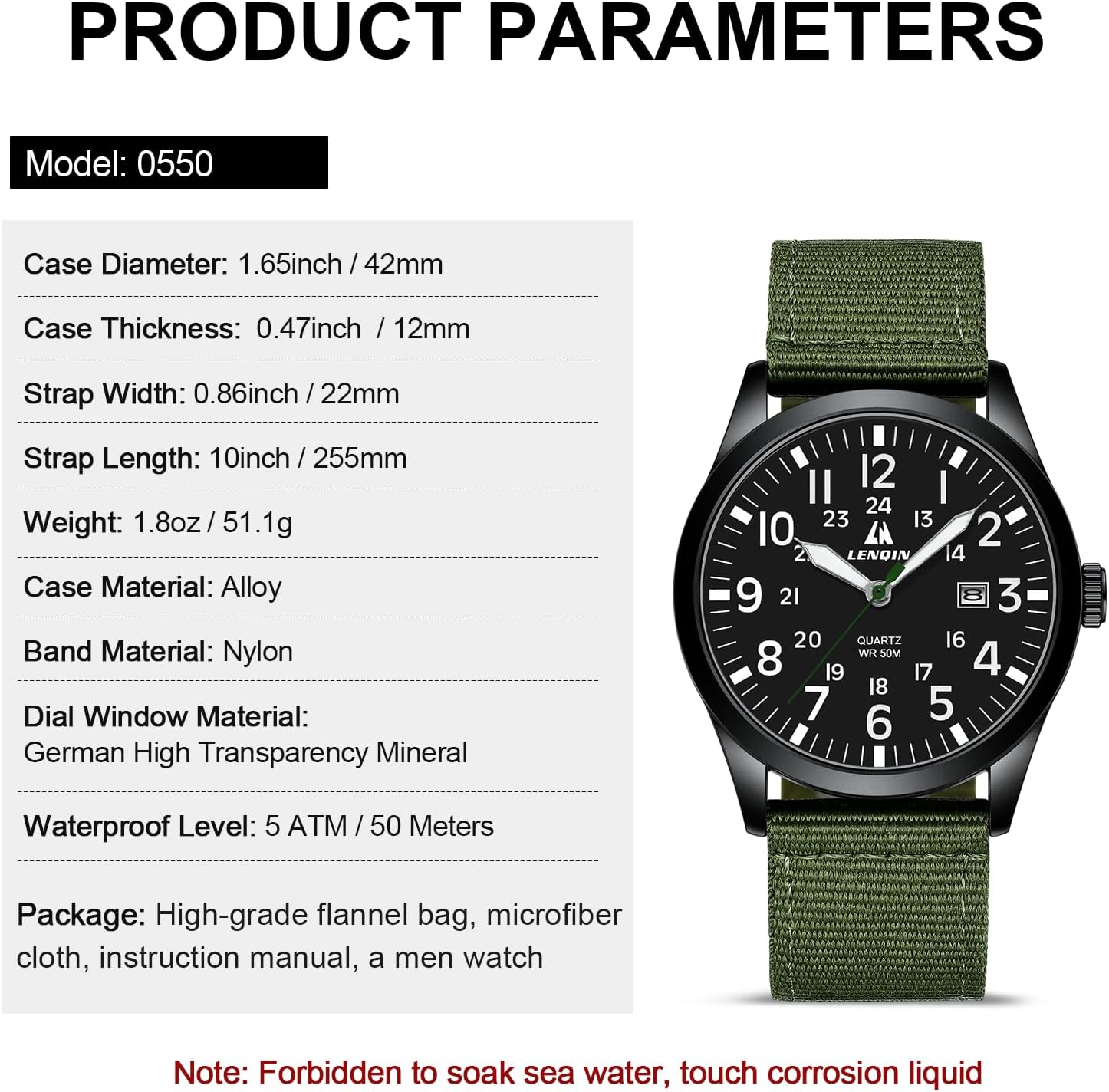 Belle Montre pour Homme pas chère, avec un style Militaire Noir et Verte – Image 8