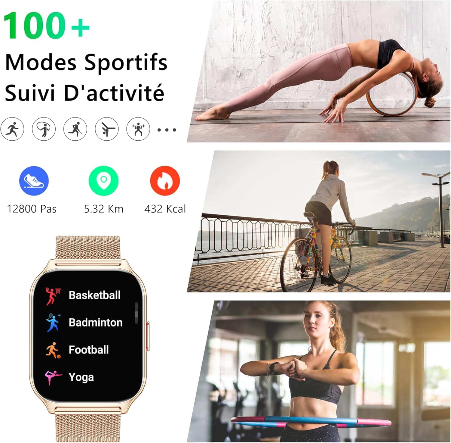 Montre Connectée Femme Android et iOS, Appel Bluetooth, Sommeil, Cardio, Tension, Podomètre – Image 6