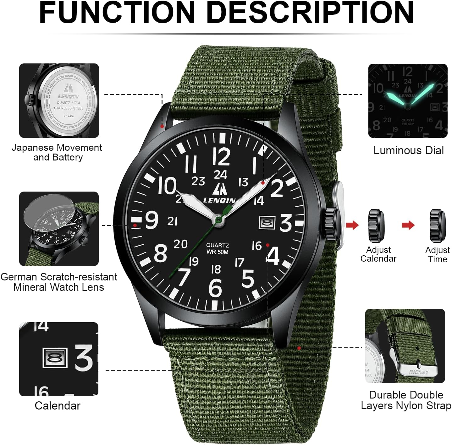 Belle Montre pour Homme pas chère, avec un style Militaire Noir et Verte – Image 7