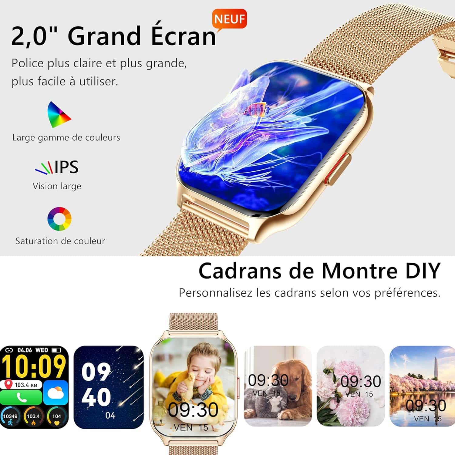 Montre Connectée Femme Android et iOS, Appel Bluetooth, Sommeil, Cardio, Tension, Podomètre – Image 2