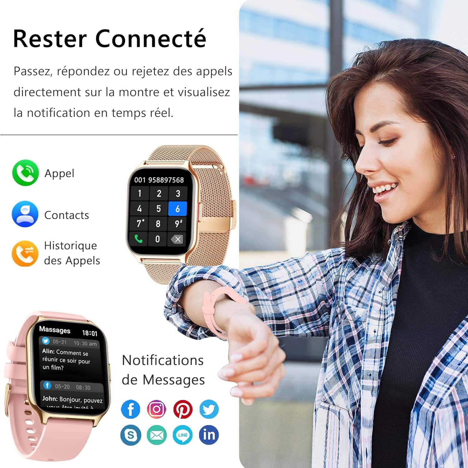 Montre Connectée Femme Android et iOS, Appel Bluetooth, Sommeil, Cardio, Tension, Podomètre – Image 3