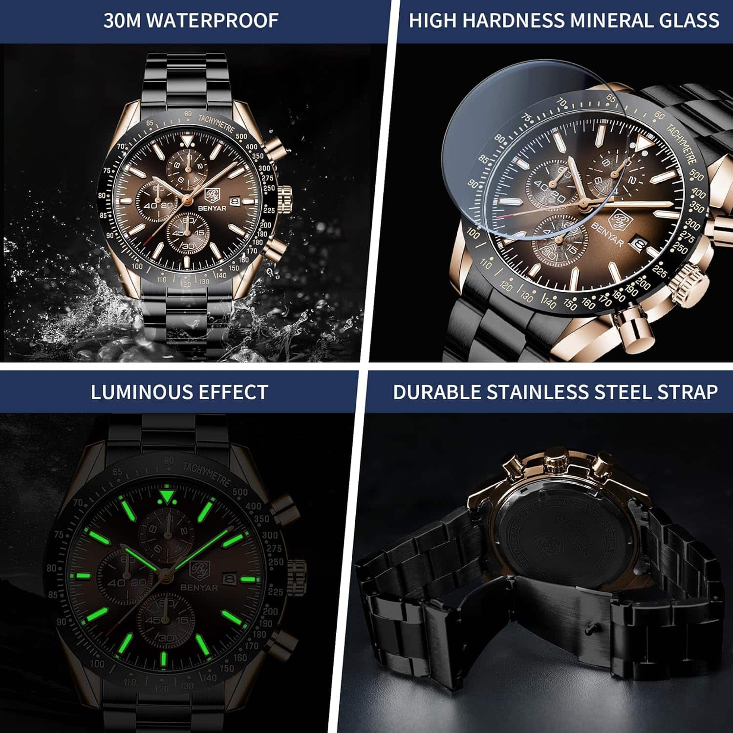 Montre homme étanche analogique quartz chronographe lumineux grand cadran - vue 6