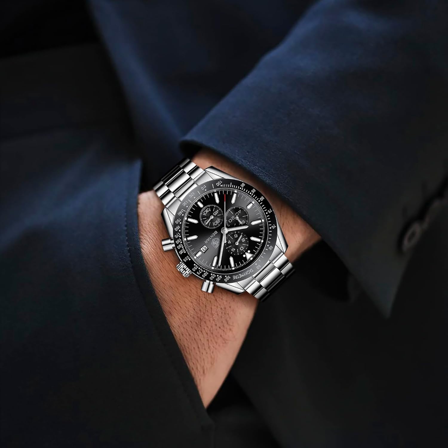 Montre homme chronographe quartz étanche, grand cadran classique - vue 4