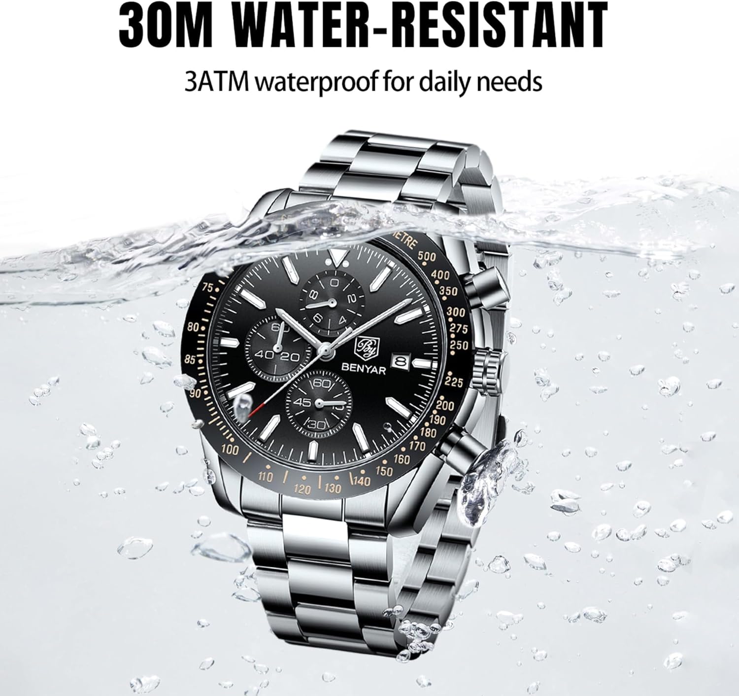 Montre homme chronographe quartz étanche, grand cadran classique - vue 6
