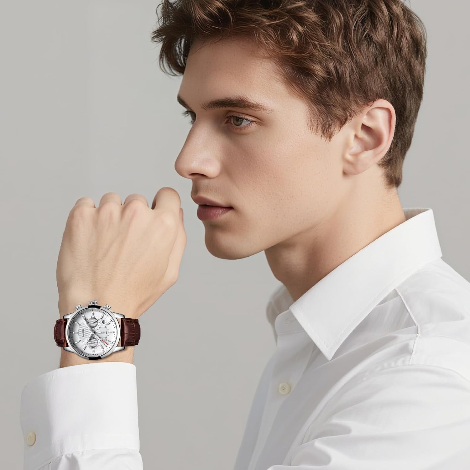 Montre homme chronographe vintage cuir avec date et étanche 3 ATM - vue 3