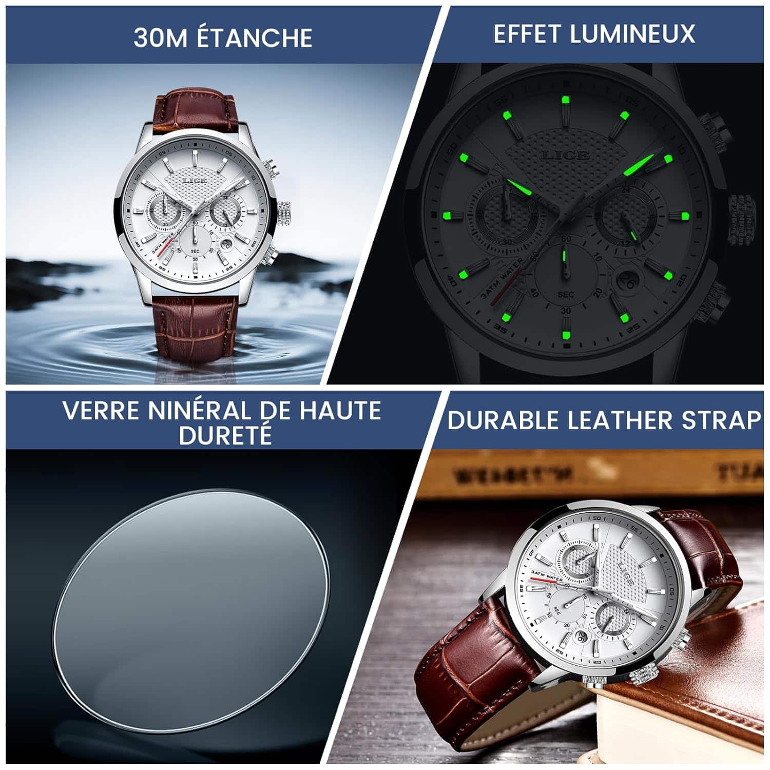 Montre homme chronographe vintage cuir avec date et étanche 3 ATM - vue 5