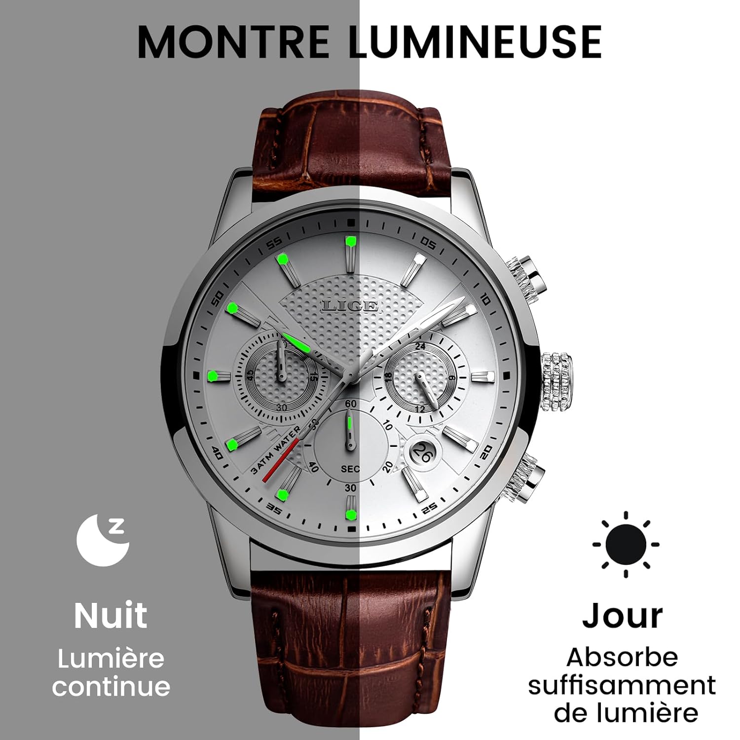 Montre homme chronographe vintage cuir avec date et étanche 3 ATM - vue 6