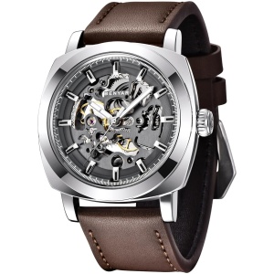 Montre mécanique automatique homme, bracelet cuir, cadran squelette 45 mm