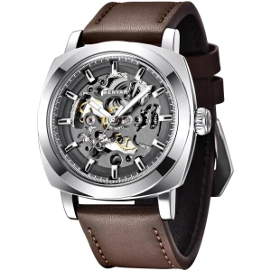 Montre mécanique automatique homme, bracelet cuir, cadran squelette 45 mm