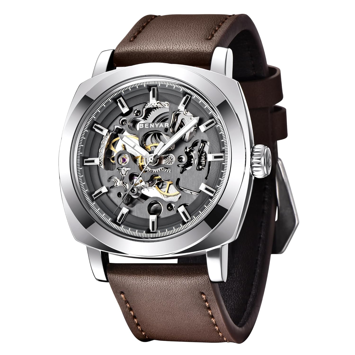 Montre mécanique automatique homme, bracelet cuir, cadran squelette 45 mm