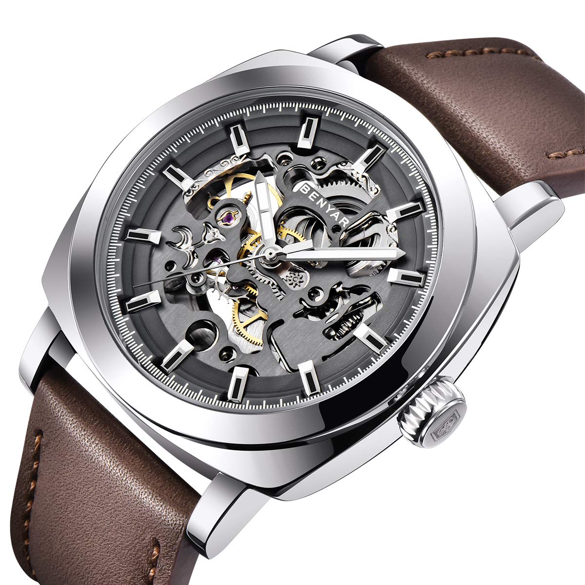 Montre mécanique automatique homme, bracelet cuir, cadran squelette 45 mm - vue 3