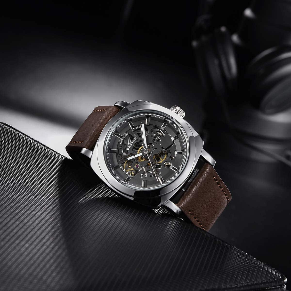 Montre mécanique automatique homme, bracelet cuir, cadran squelette 45 mm - vue 4