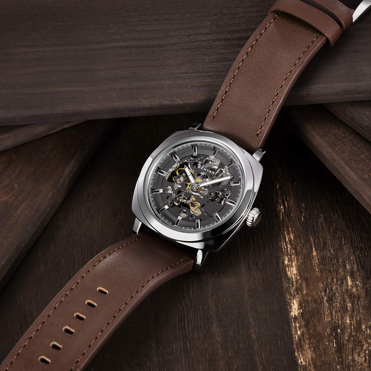 Montre mécanique automatique homme, bracelet cuir, cadran squelette 45 mm - vue 5