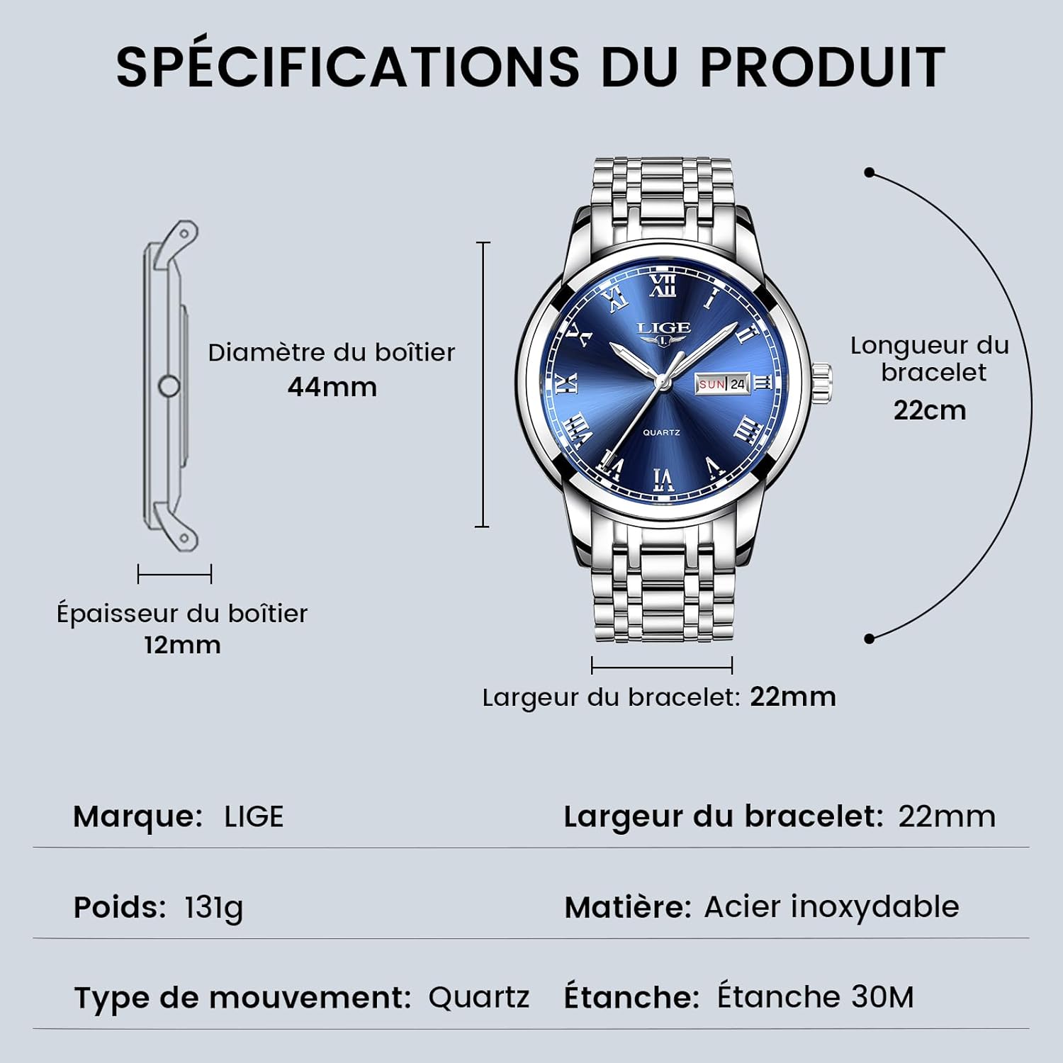 Montre homme quartz acier inoxydable étanche 3ATM avec calendrier - vue 4