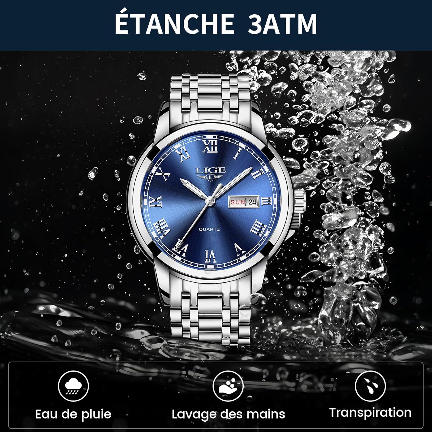 Montre homme quartz acier inoxydable étanche 3ATM avec calendrier - vue 5