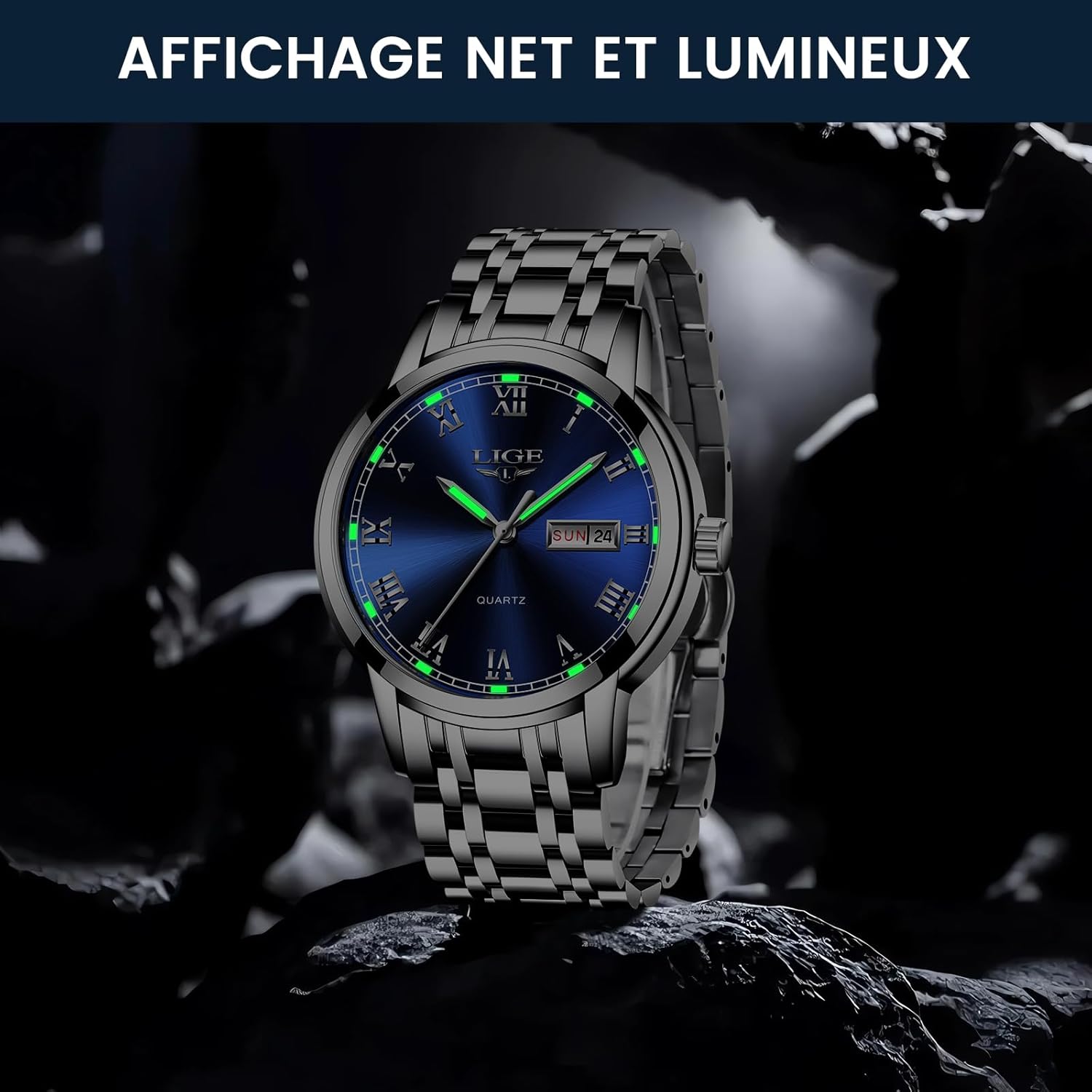 Montre homme quartz acier inoxydable étanche 3ATM avec calendrier - vue 6